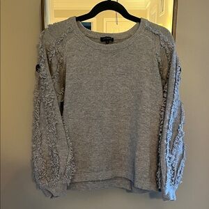 1. State Light Gray Crewneck Sweater with Fringe-Textured Sleeves